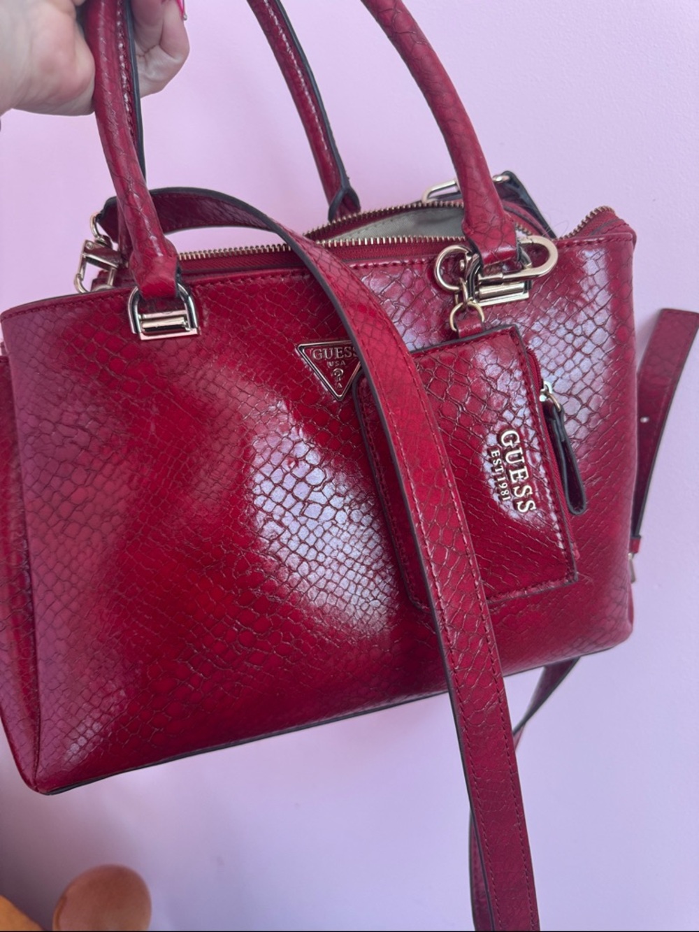 GUESS Crimson Snake-Embossed Satchel with Detachable Strap